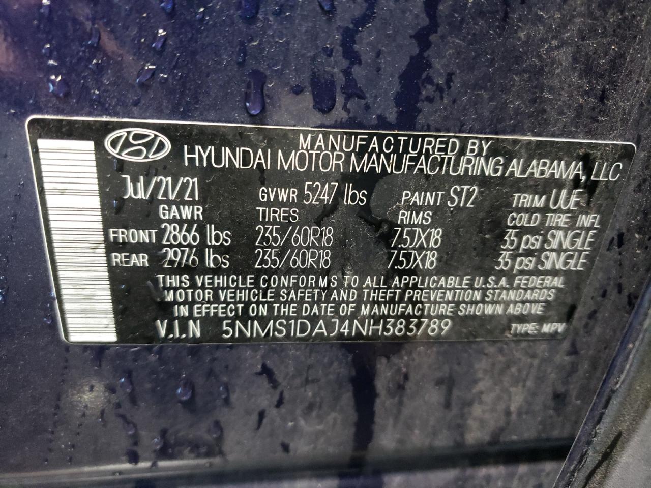 2022 HYUNDAI SANTA FE SE VIN:5NMS1DAJ4NH383789