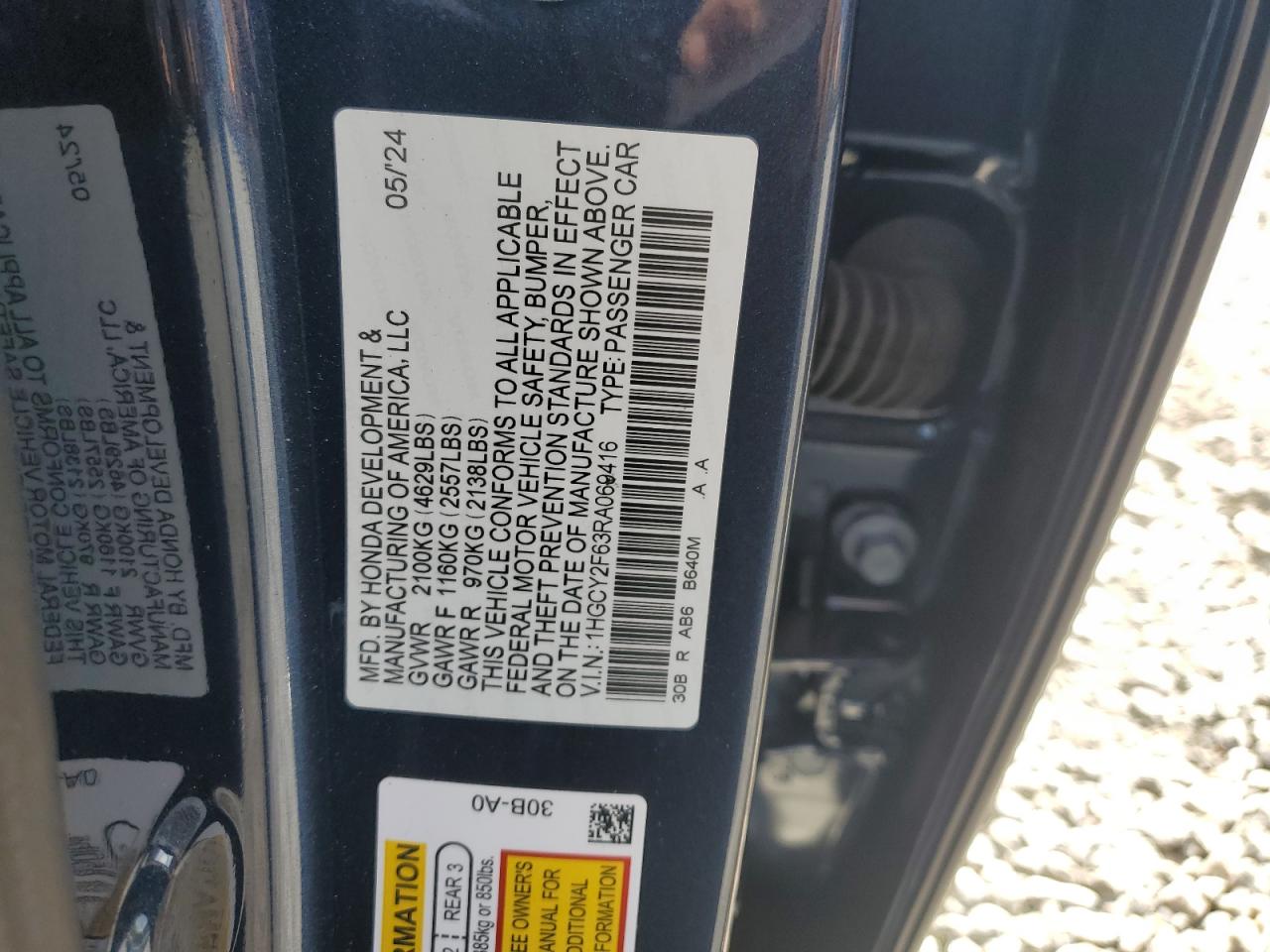 2024 HONDA ACCORD HYBRID EXL VIN:1HGCY2F63RA069416