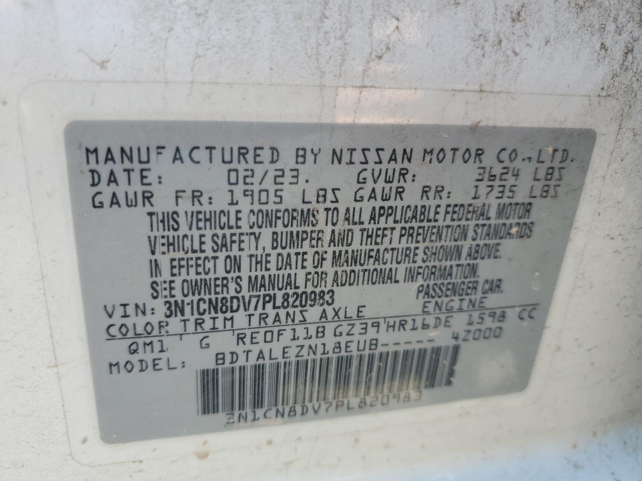 2023 NISSAN VERSA S VIN:3N1CN8DV7PL820983