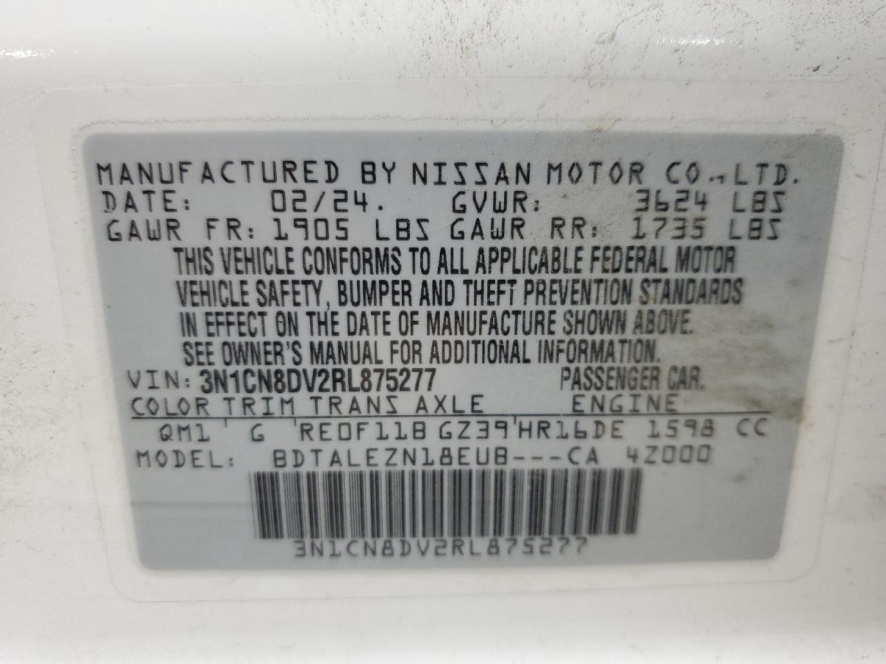 2024 NISSAN VERSA S VIN:3N1CN8DV2RL875277
