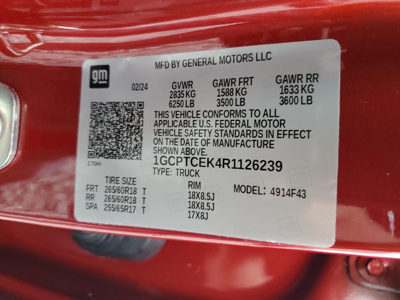 2024 CHEVROLET COLORADO LT VIN:1GCPTCEK4R1126239