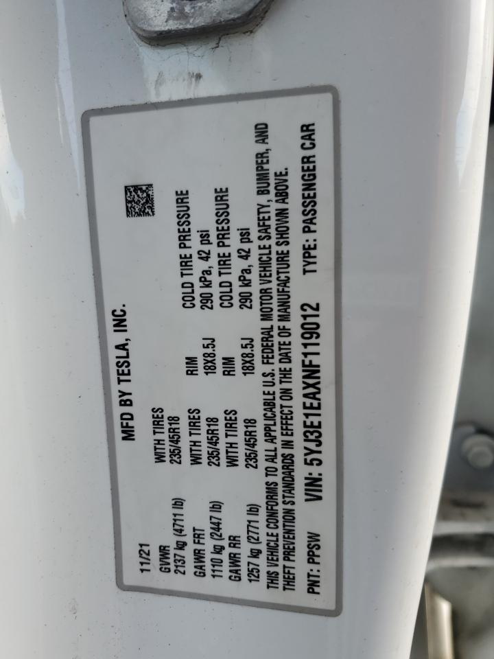 2022 TESLA MODEL 3  VIN:5YJ3E1EAXNF119012