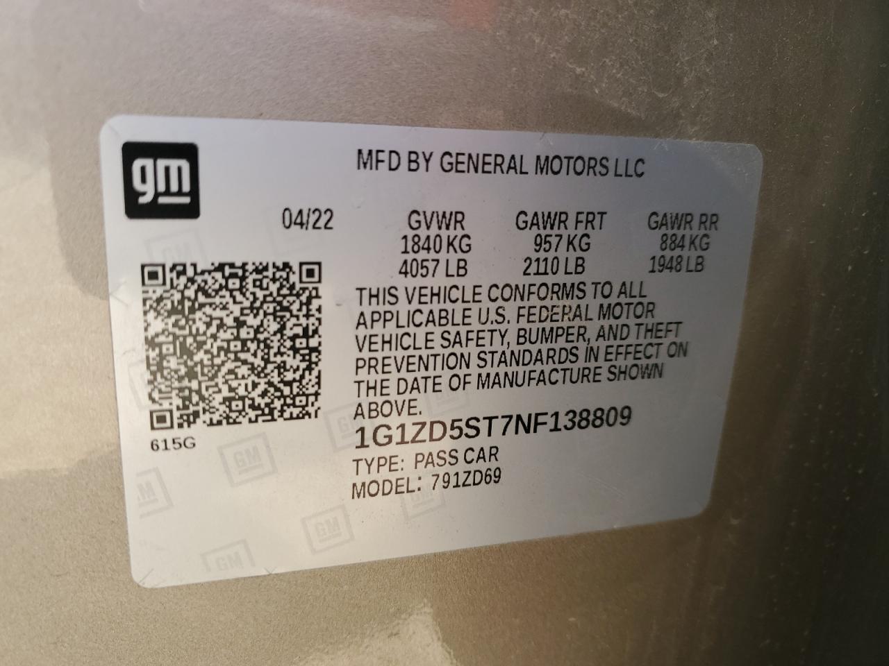 2022 CHEVROLET MALIBU LT VIN:1G1ZD5ST7NF138809