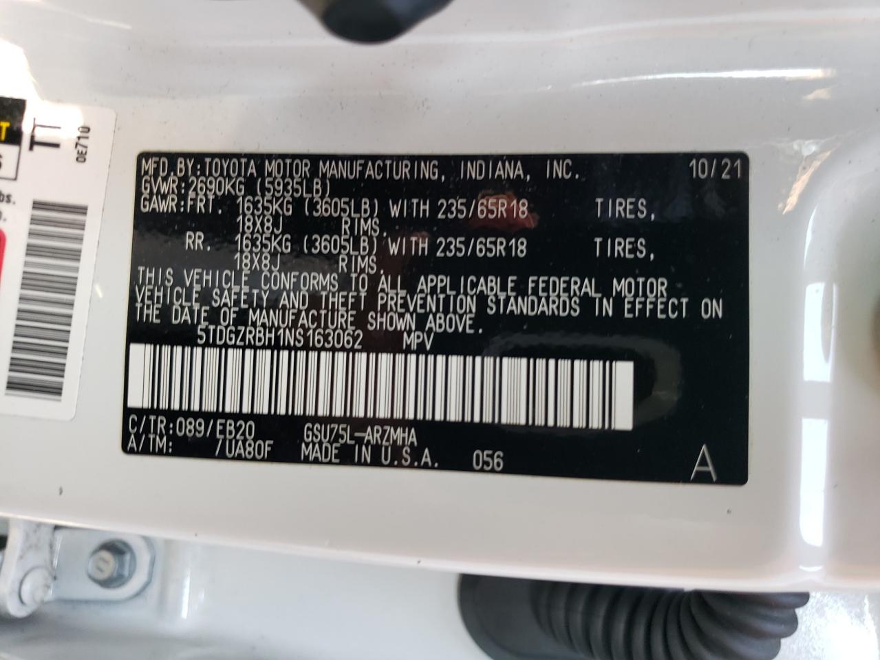 2022 TOYOTA HIGHLANDER XLE VIN:5TDGZRBH1NS163062