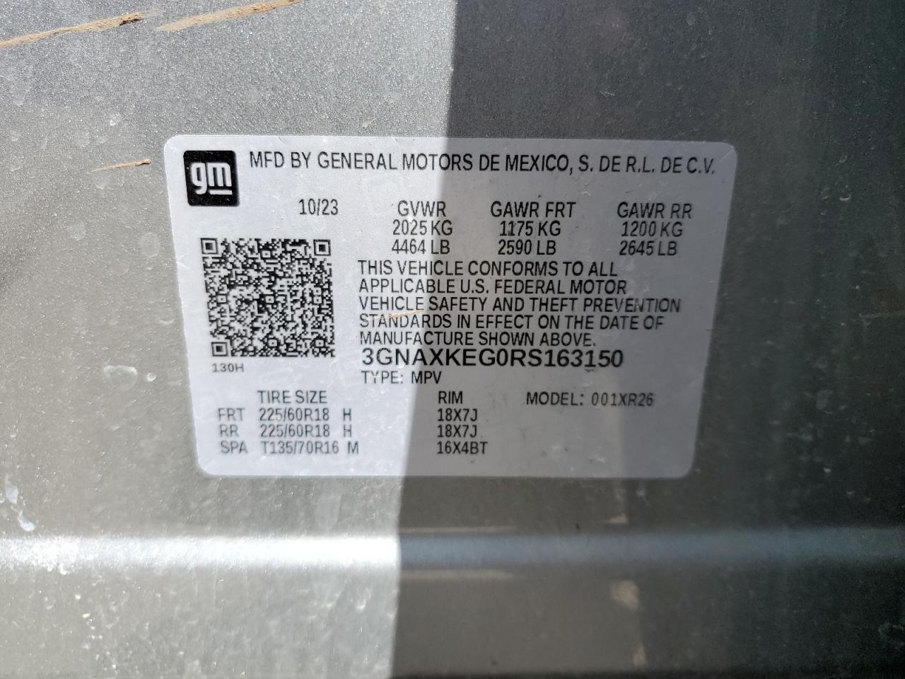 2024 CHEVROLET EQUINOX LT VIN:3GNAXKEG0RS163150