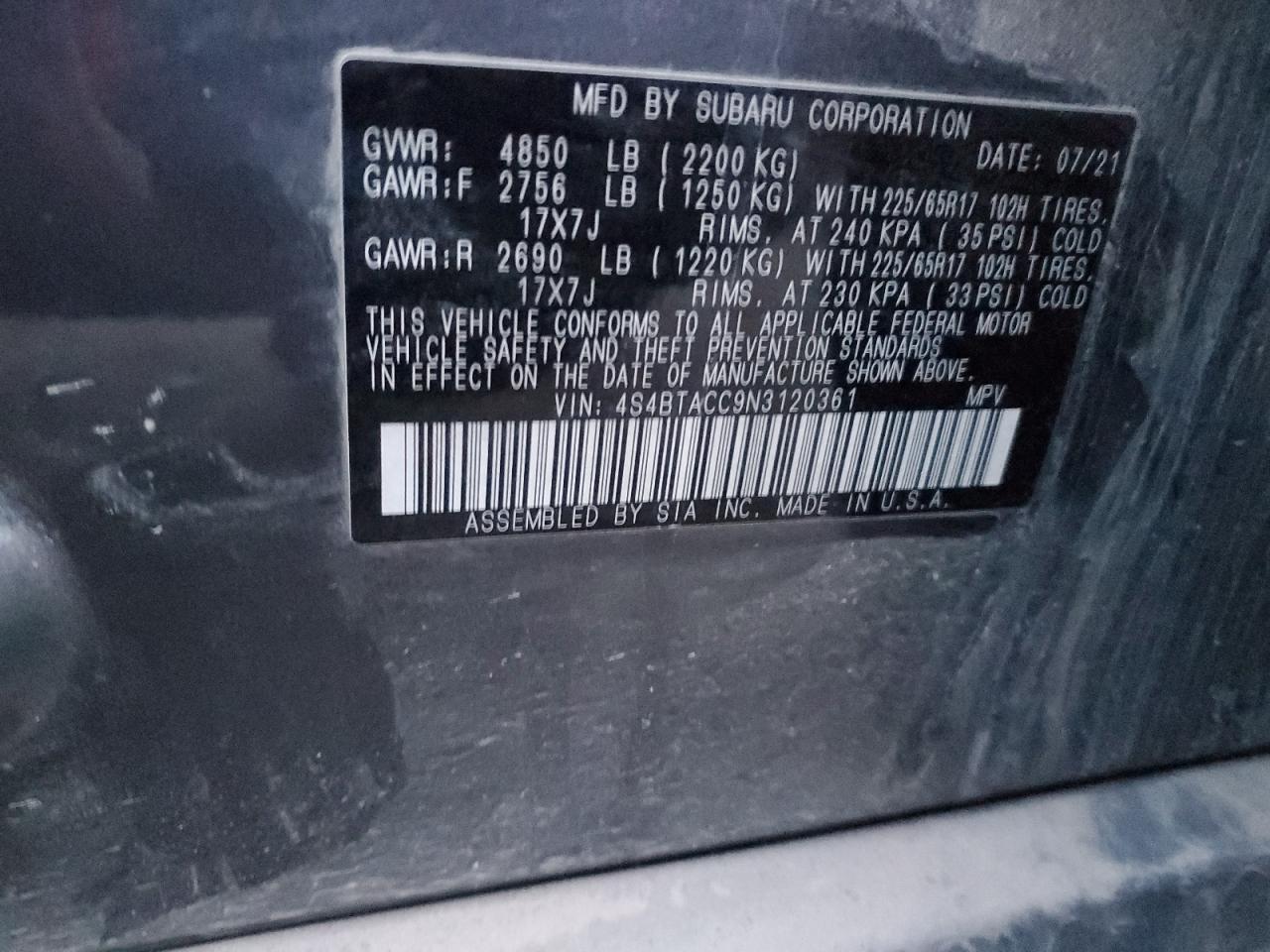 2022 SUBARU OUTBACK PREMIUM VIN:4S4BTACC9N3120361