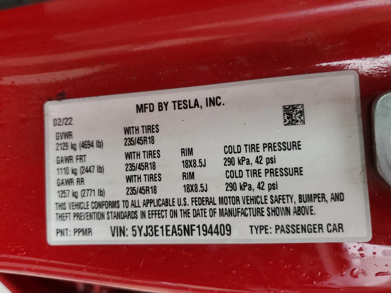 2022 TESLA MODEL 3  VIN:5YJ3E1EA5NF194409