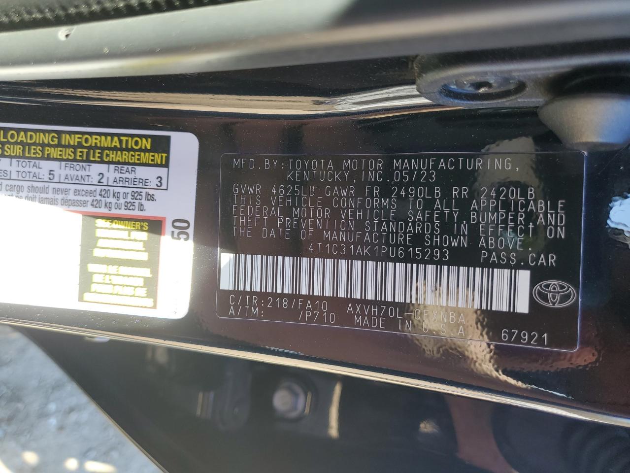 2023 TOYOTA CAMRY LE VIN:4T1C31AK1PU615293