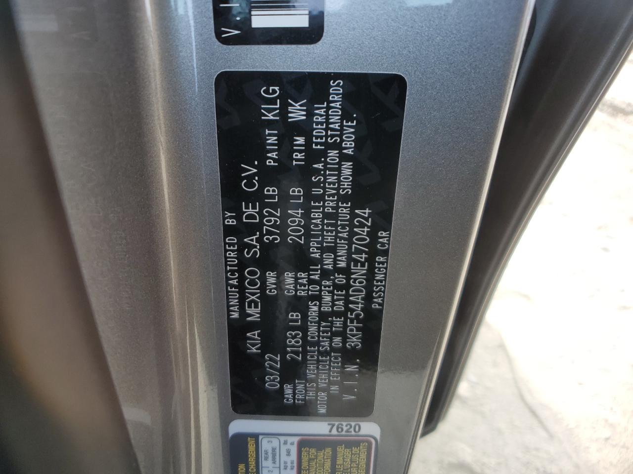 2022 KIA FORTE GT LINE VIN:3KPF54AD6NE470424