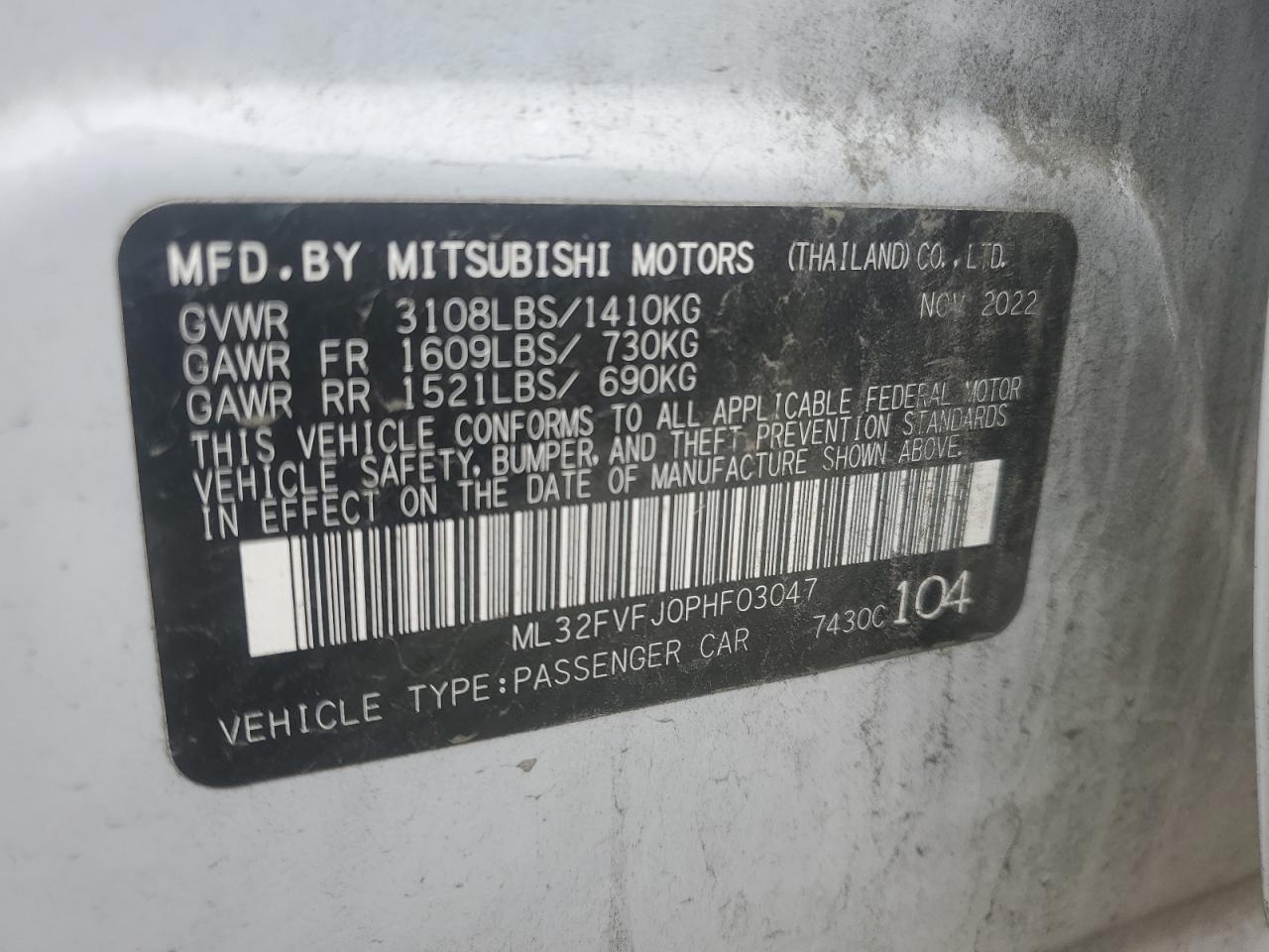 2023 MITSUBISHI MIRAGE G4 SE VIN:ML32FVFJ0PHF03047