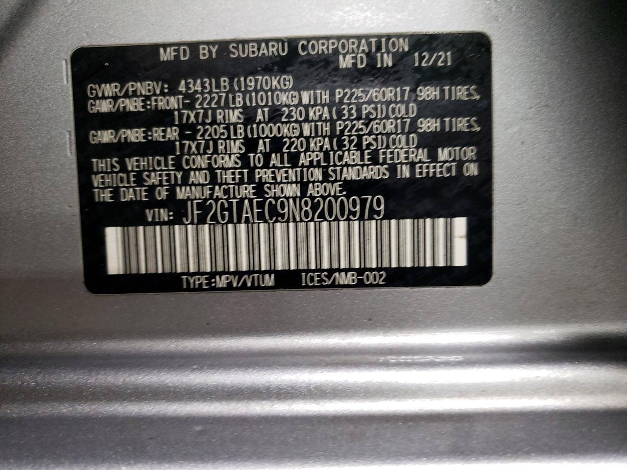 2022 SUBARU CROSSTREK PREMIUM VIN:JF2GTAEC9N8200979