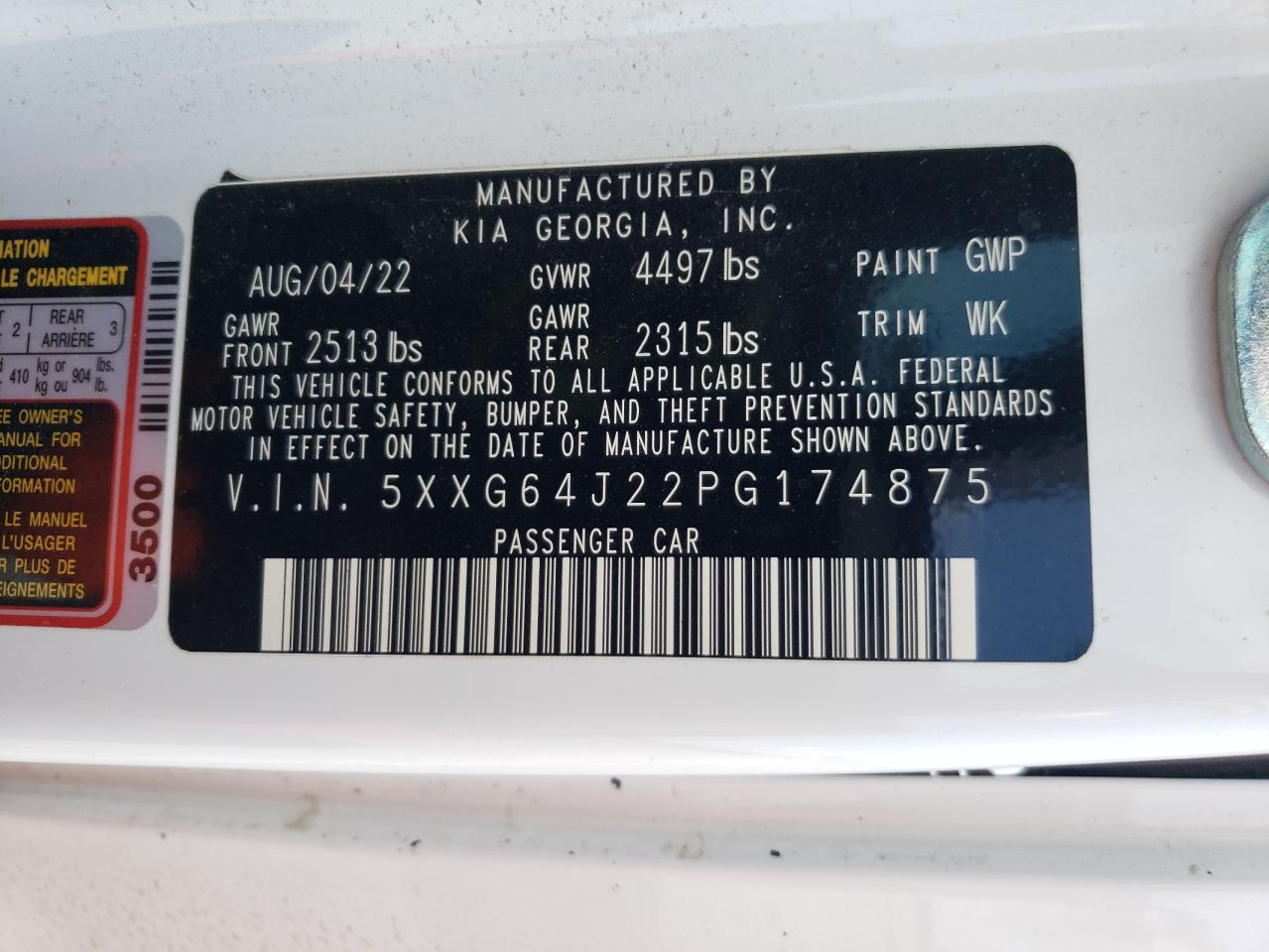 2023 KIA K5 GT LINE VIN:5XXG64J22PG174875