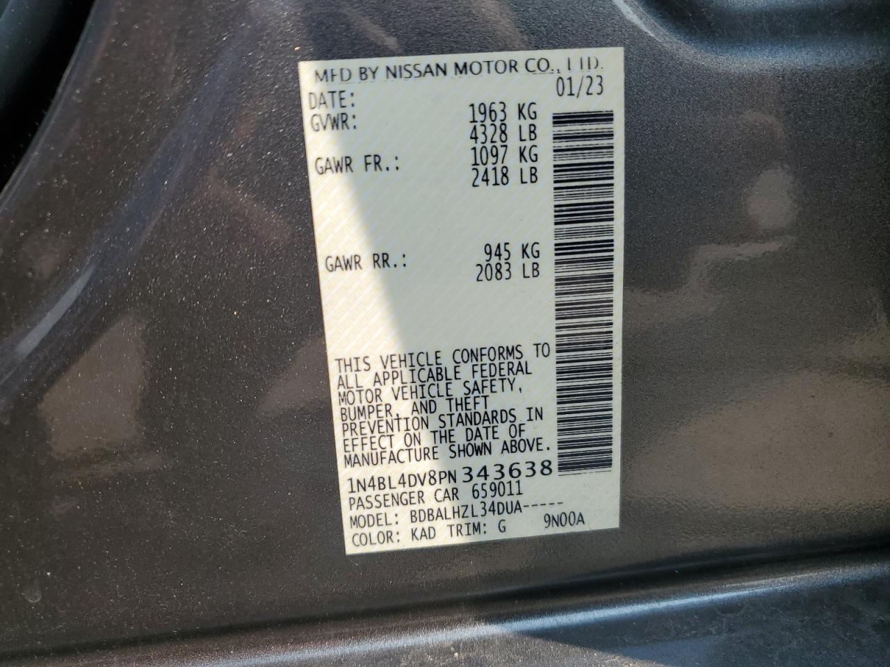 2023 NISSAN ALTIMA SV VIN:1N4BL4DV8PN343638