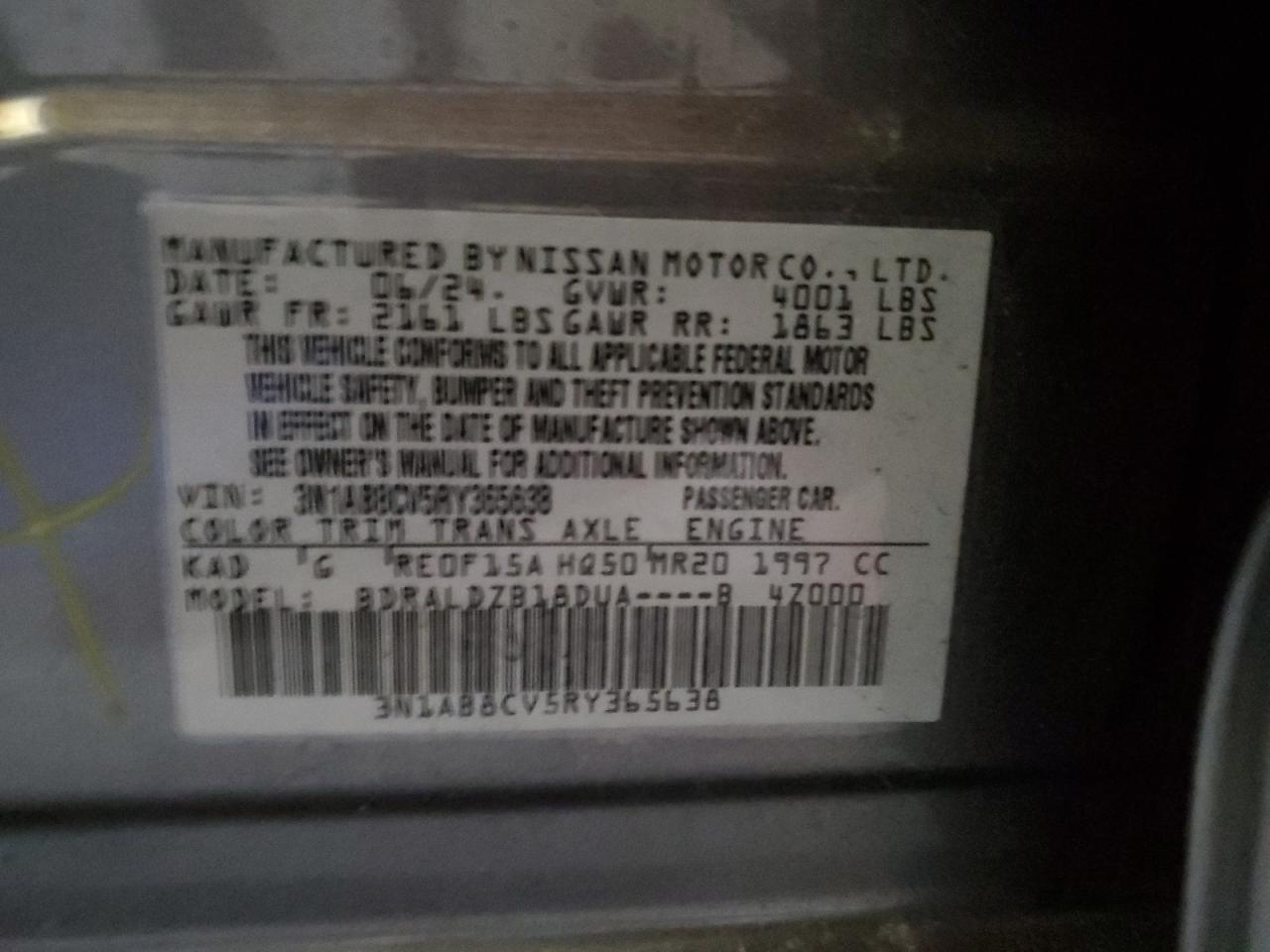 2024 NISSAN SENTRA SV VIN:3N1AB8CV5RY365638