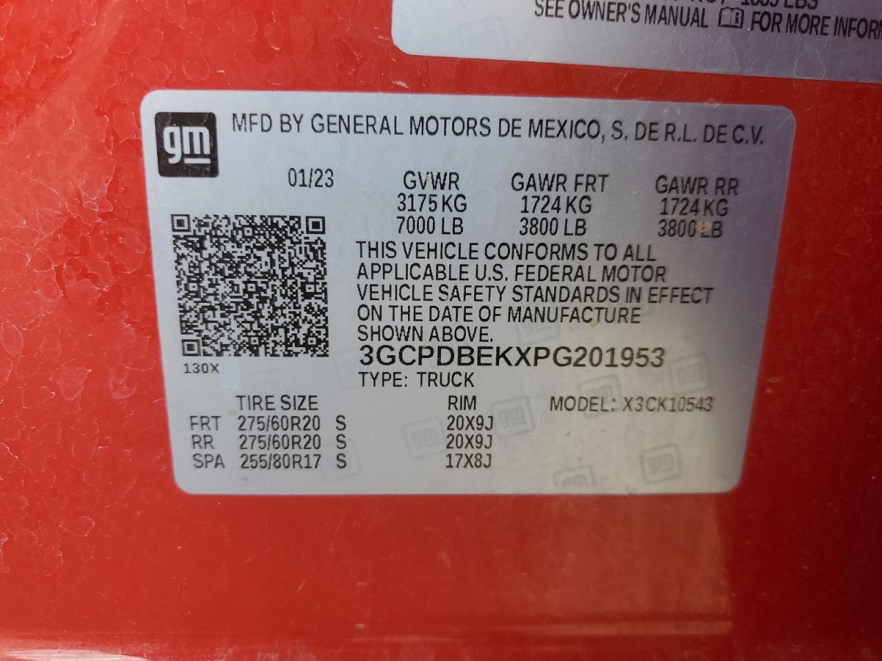 2023 CHEVROLET SILVERADO K1500 CUSTOM VIN:3GCPDBEKXPG201953