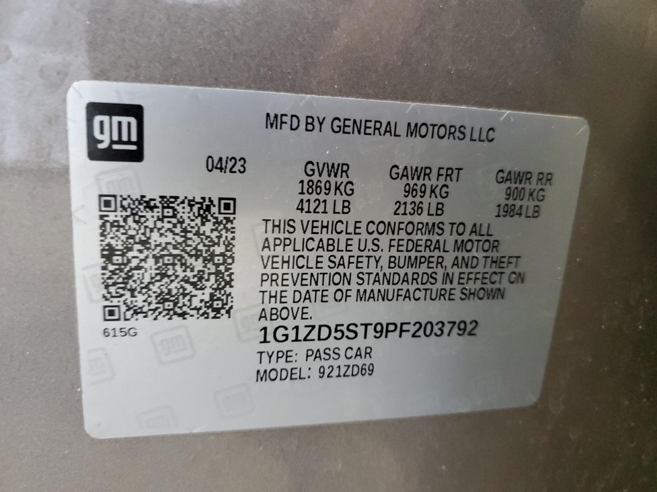 2023 CHEVROLET MALIBU LT VIN:1G1ZD5ST9PF203792