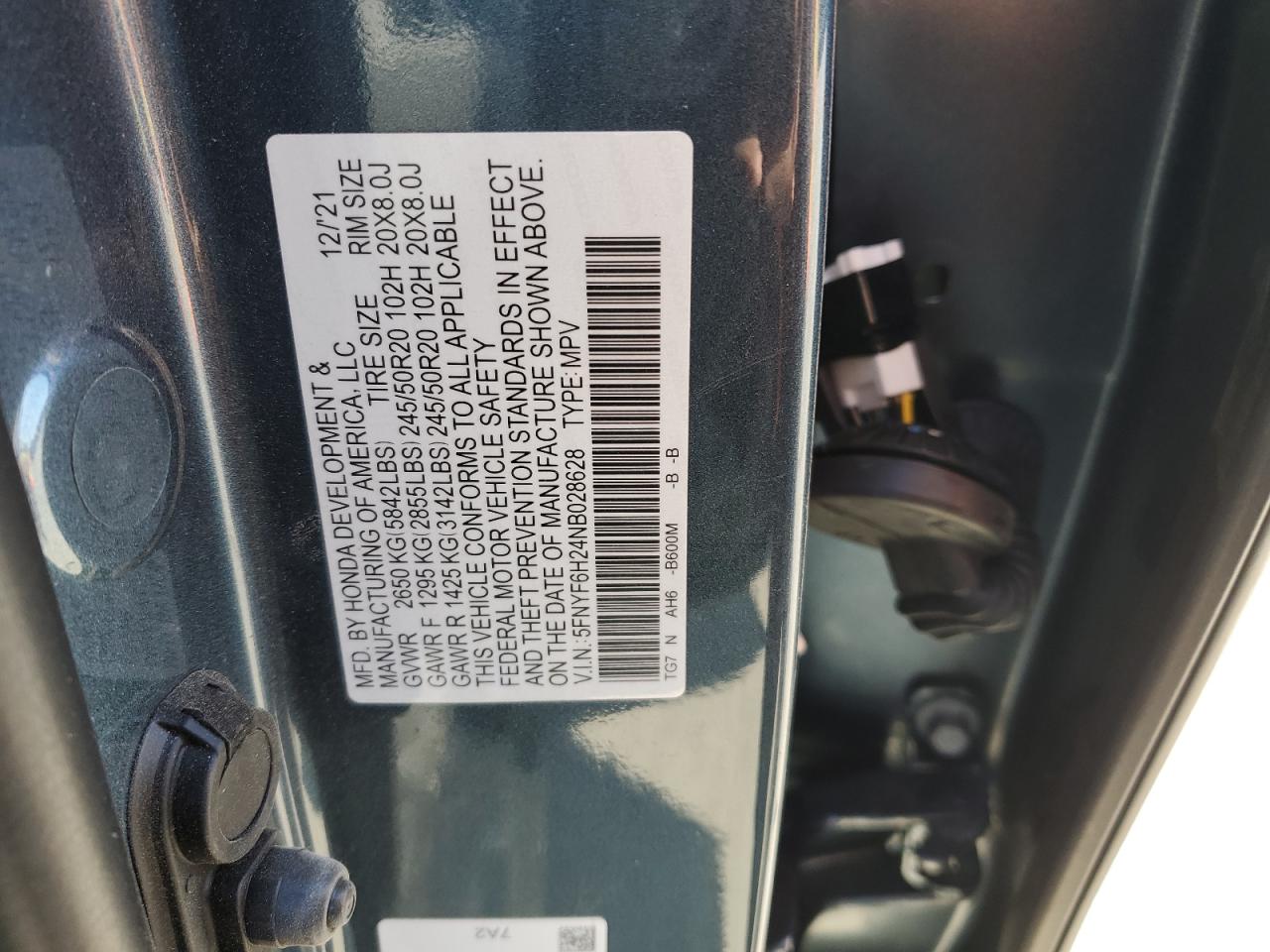 2022 HONDA PILOT SE VIN:5FNYF6H24NB028628