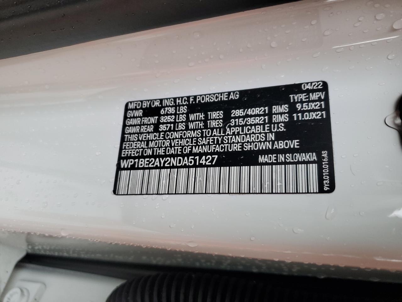 2022 PORSCHE CAYENNE E HYBRID COUPE VIN:WP1BE2AY2NDA51427