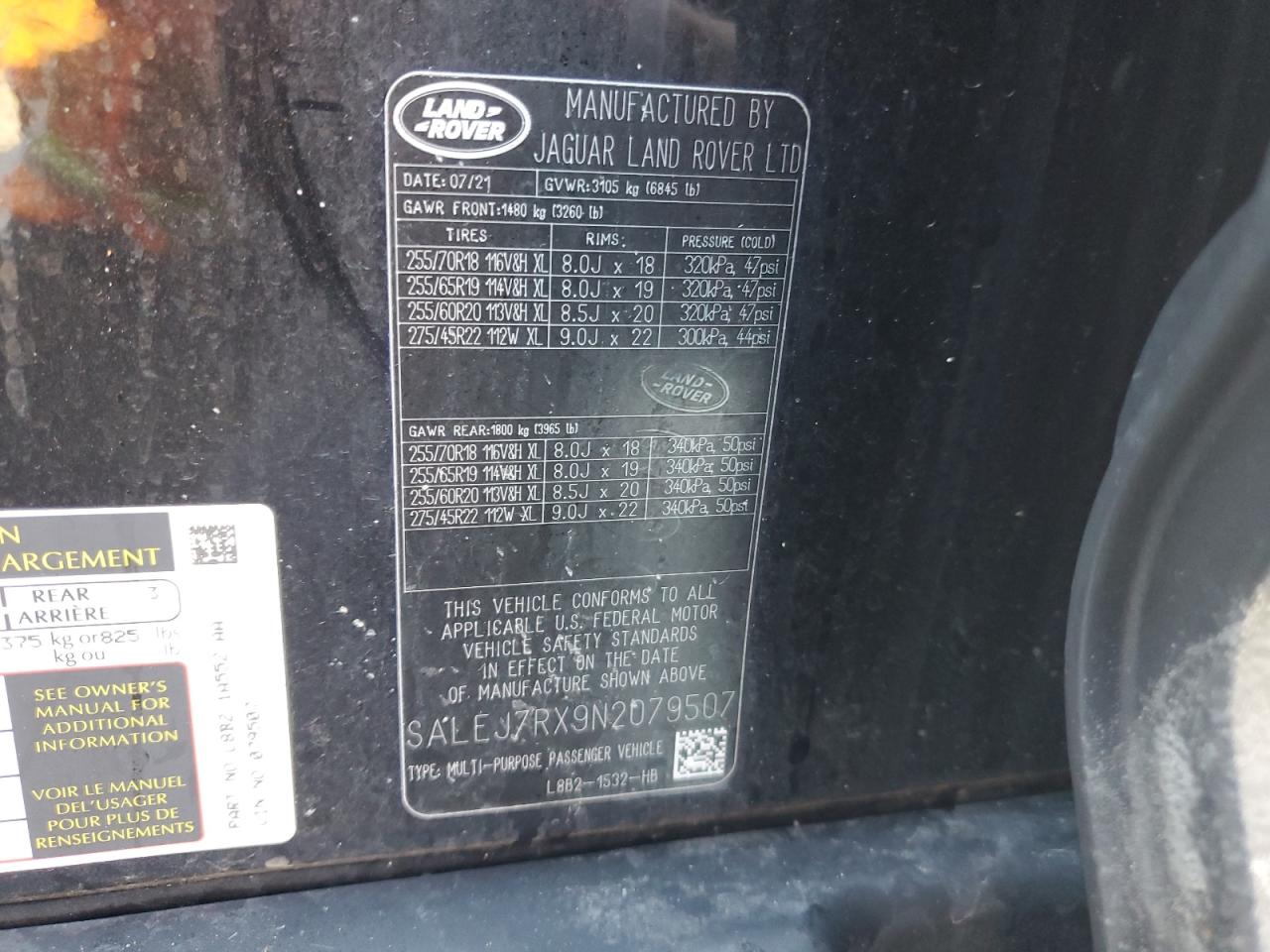 2022 LAND ROVER DEFENDER 110 S VIN:SALEJ7RX9N2079507