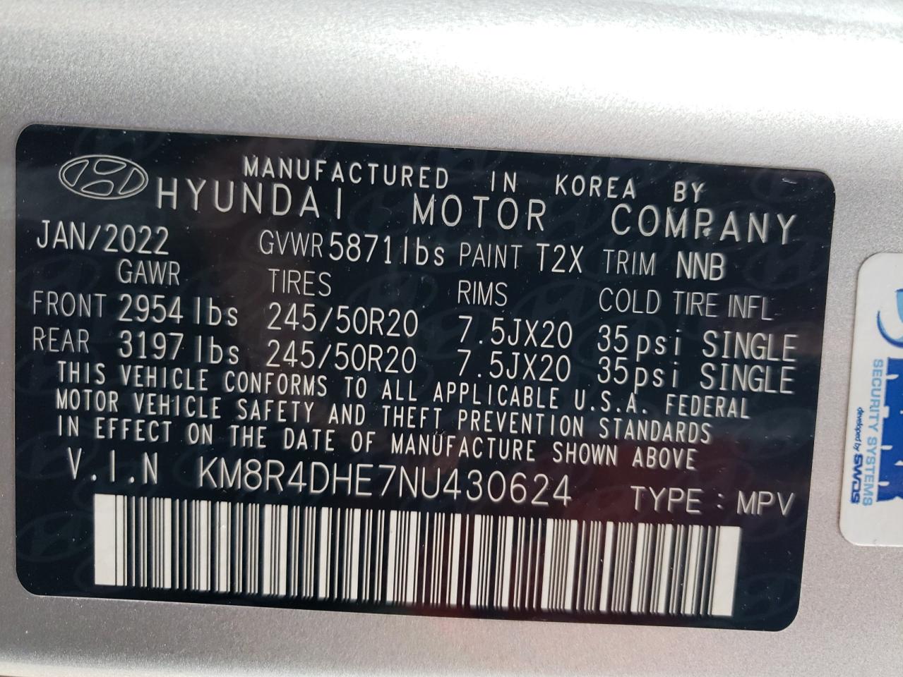 2022 HYUNDAI PALISADE SEL VIN:KM8R4DHE7NU430624