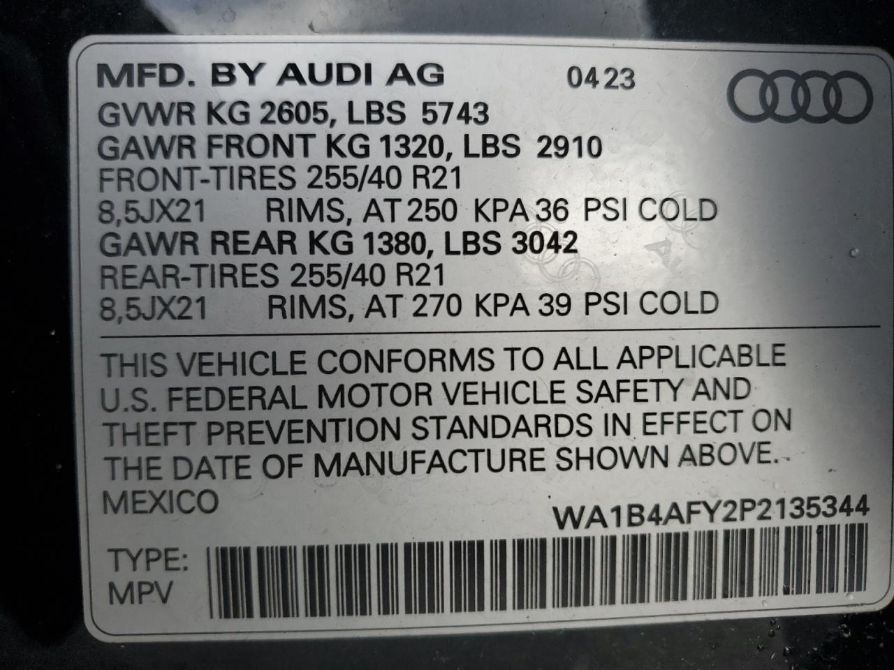 2023 AUDI SQ5 PREMIUM PLUS VIN:WA1B4AFY2P2135344