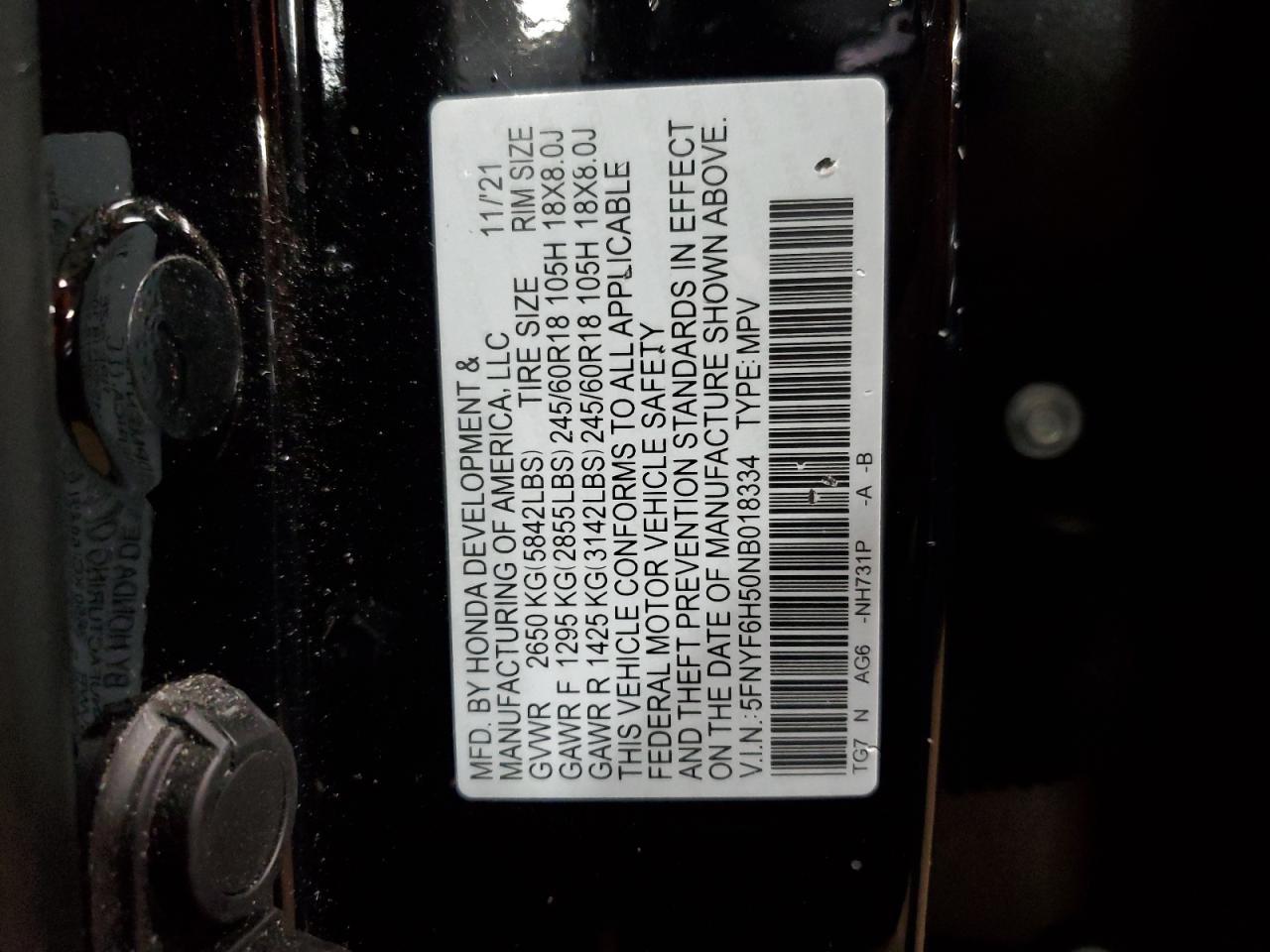 2022 HONDA PILOT EXL VIN:5FNYF6H50NB018334
