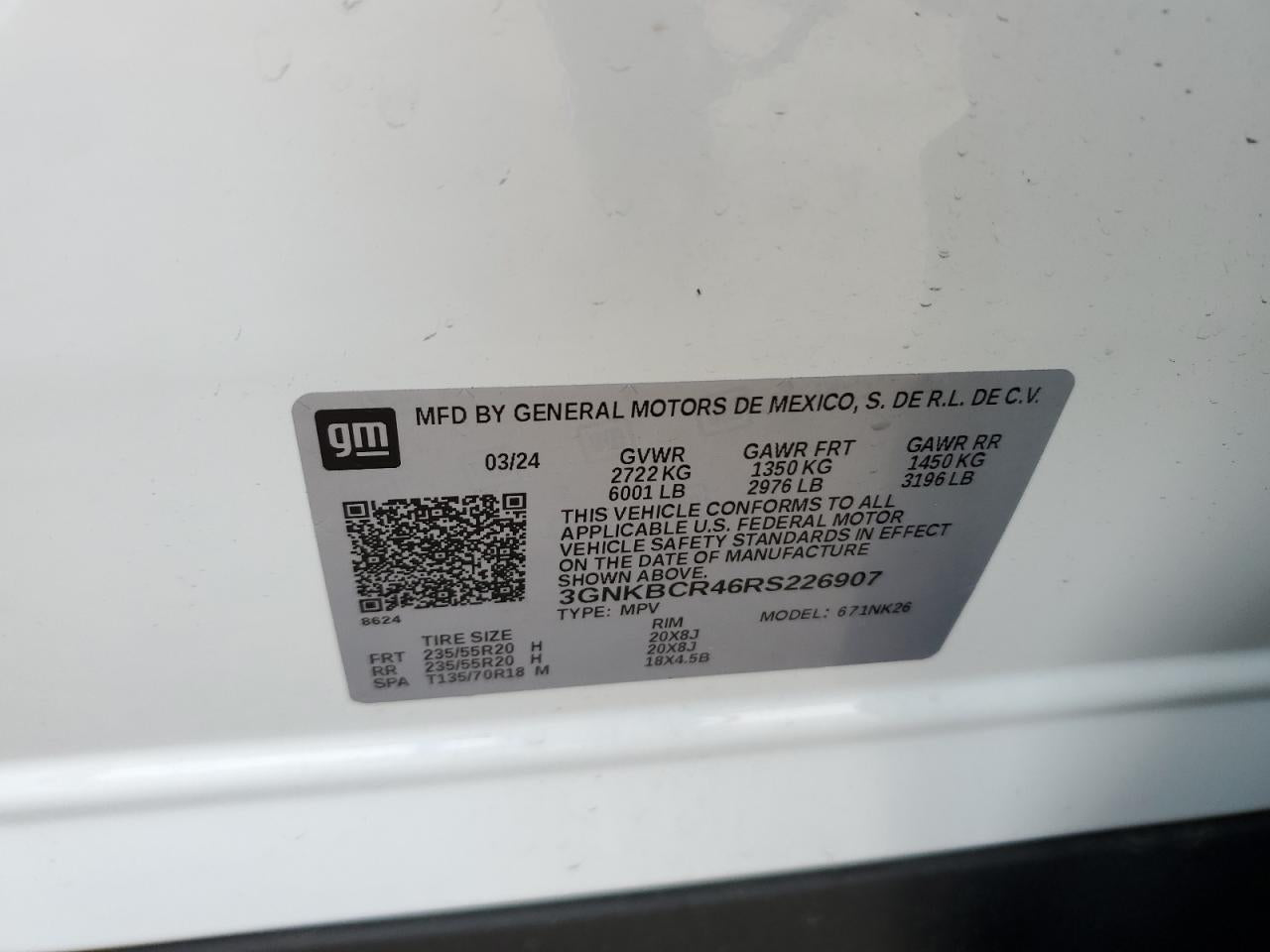 2024 CHEVROLET BLAZER 2LT VIN:3GNKBCR46RS226907