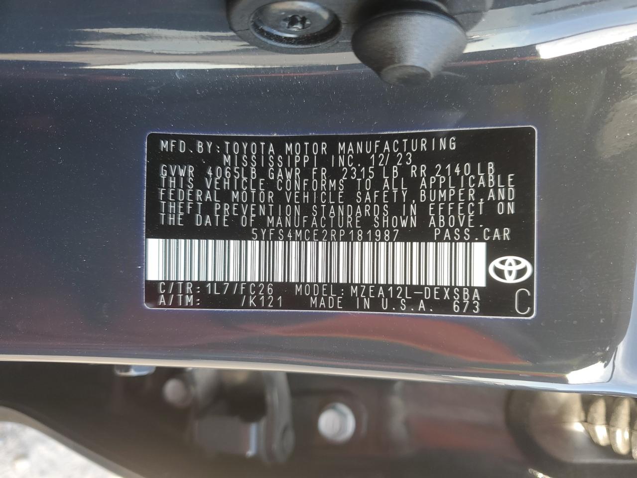 2024 TOYOTA COROLLA SE VIN:5YFS4MCE2RP181987