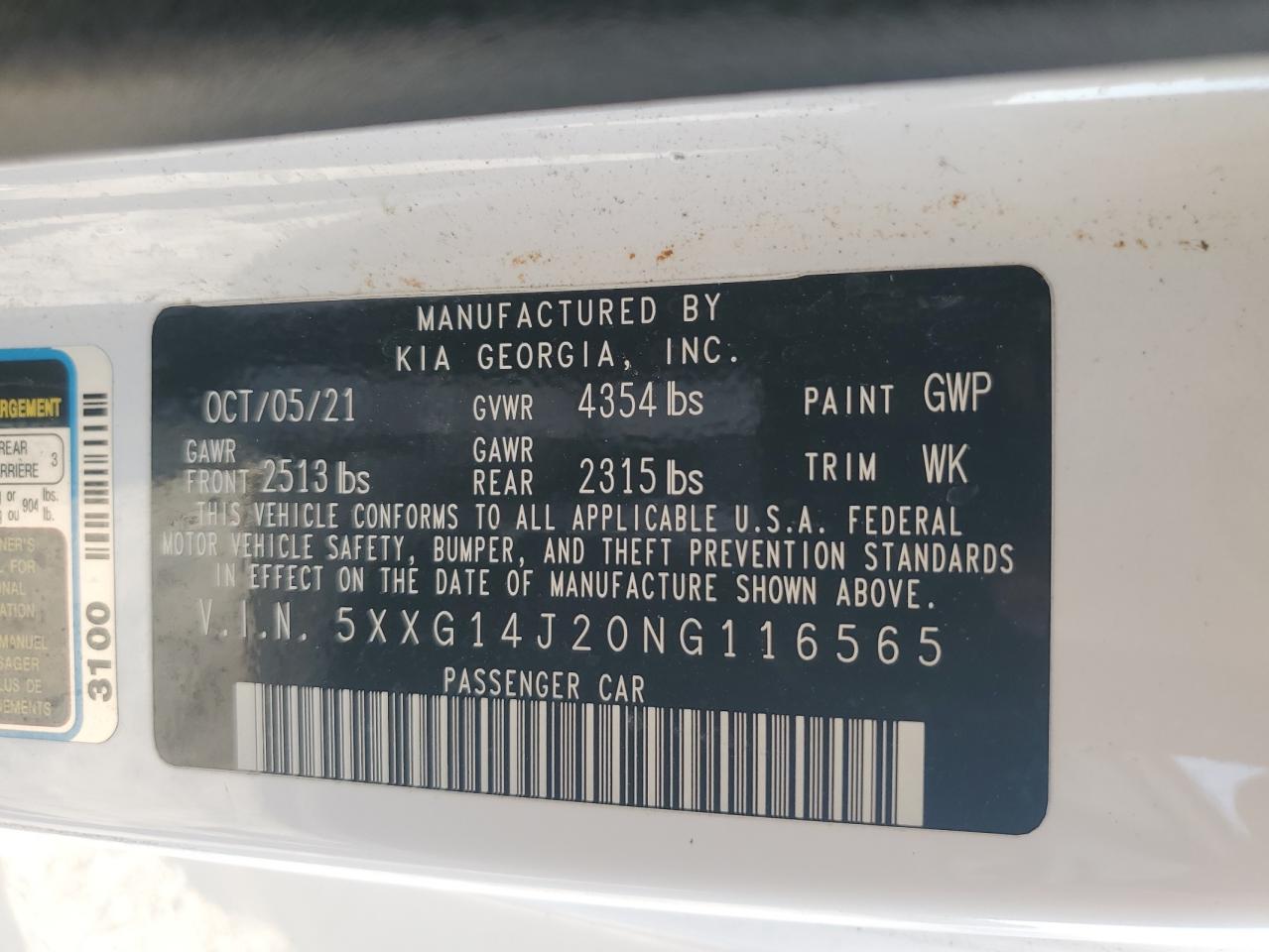 2022 KIA K5 LXS VIN:5XXG14J20NG116565