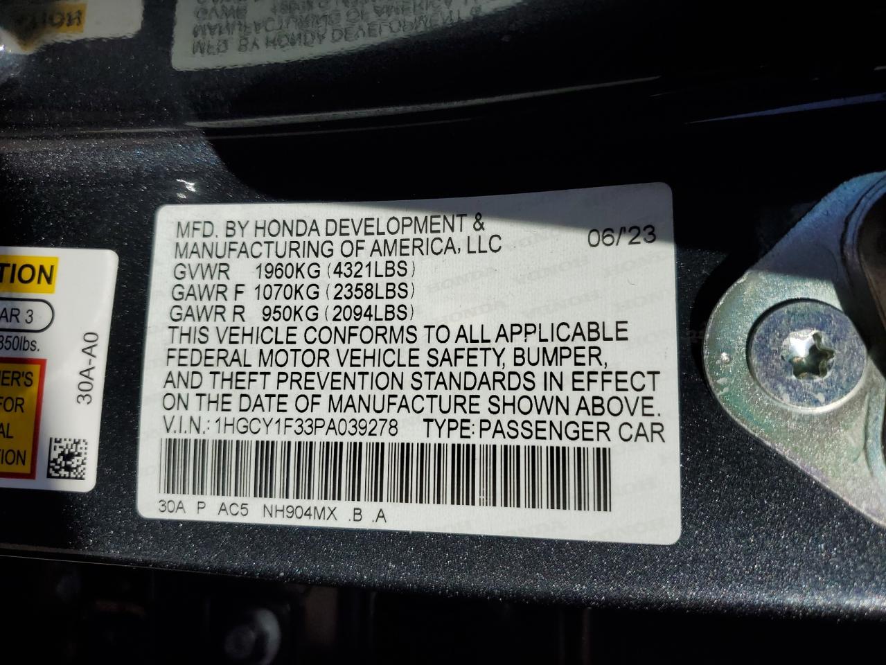 2023 HONDA ACCORD EX VIN:1HGCY1F33PA039278