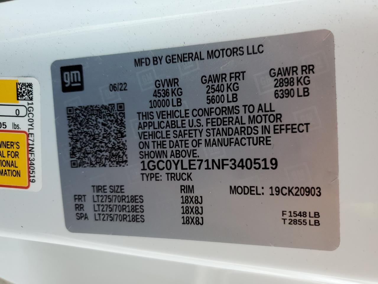 2022 CHEVROLET SILVERADO K2500 HEAVY DUTY VIN:1GC0YLE71NF340519