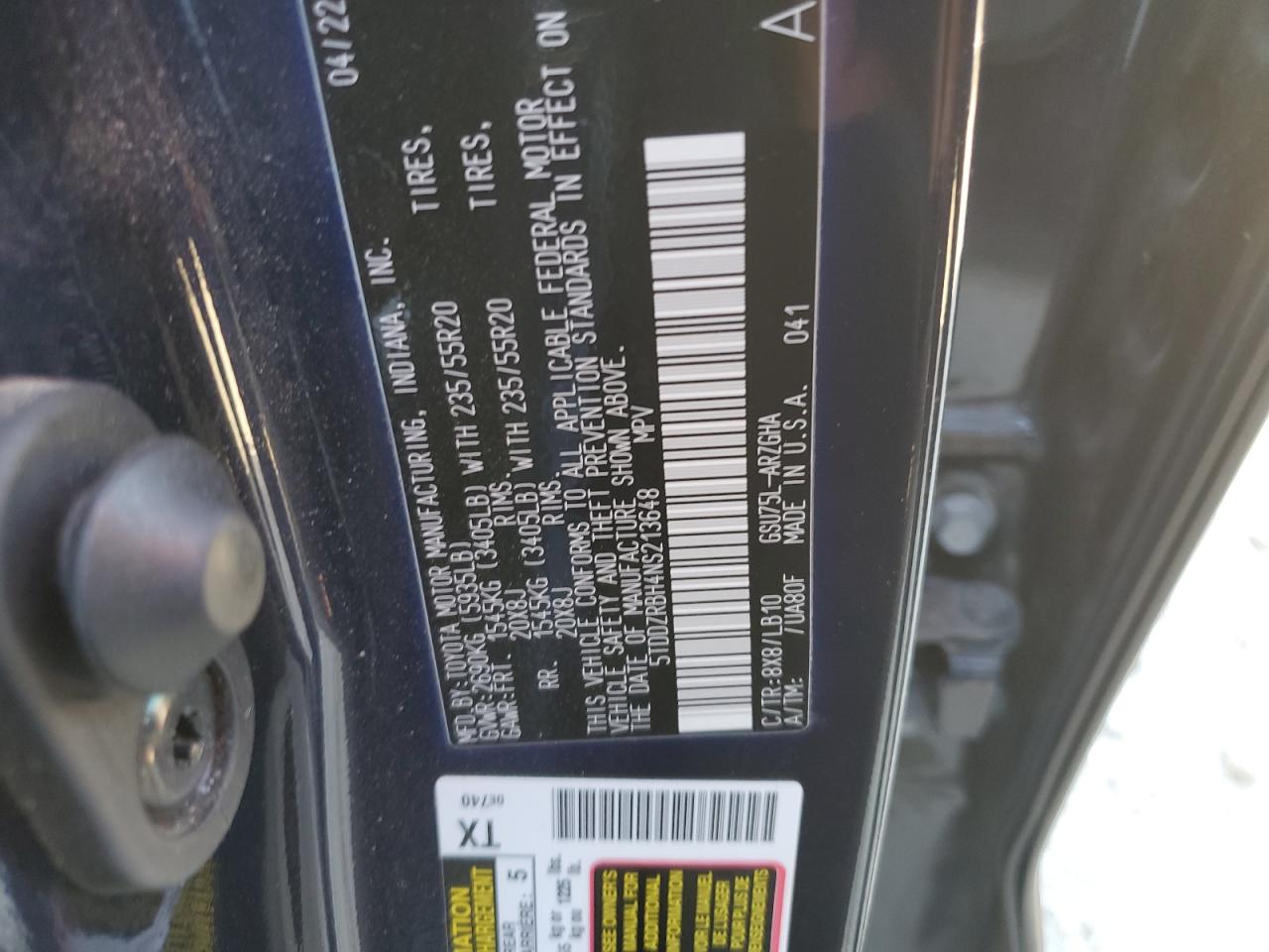 2022 TOYOTA HIGHLANDER LIMITED VIN:5TDDZRBH4NS213648