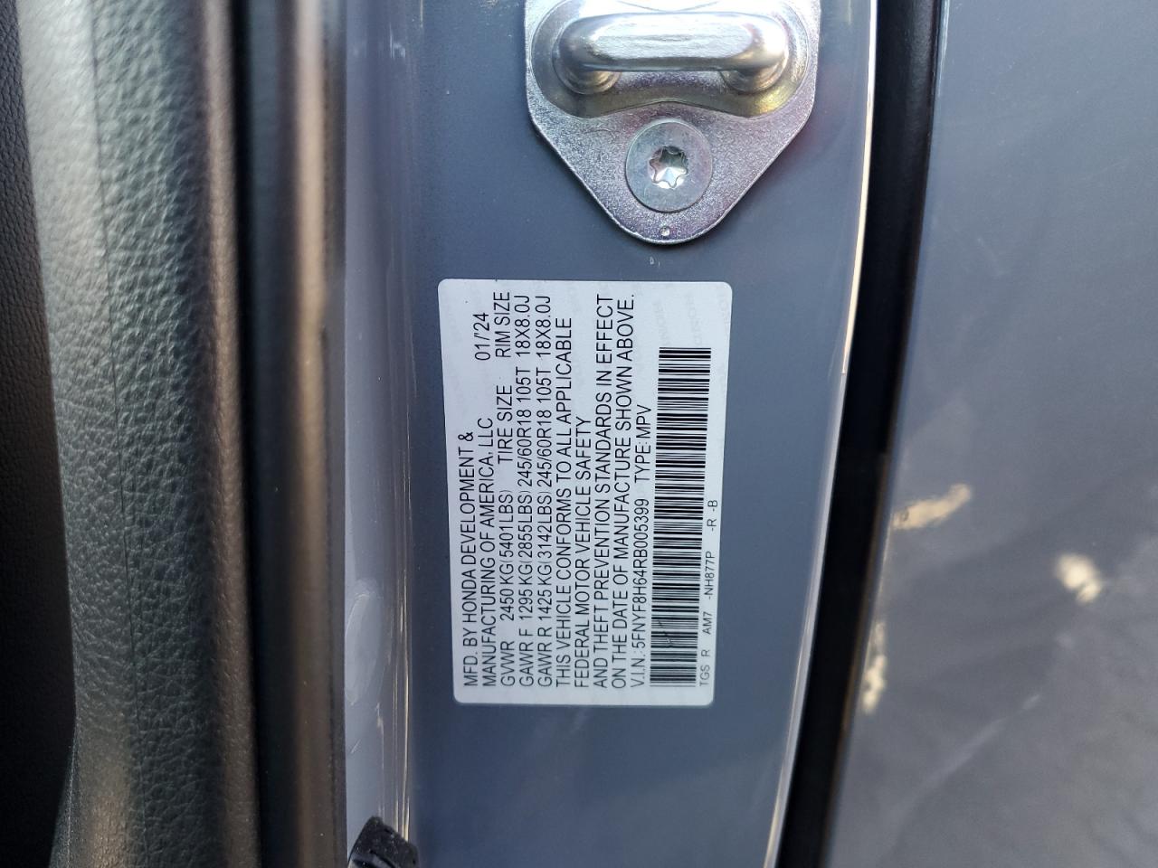 2024 HONDA PASSPORT TRAIL SPORT VIN:5FNYF8H64RB005399