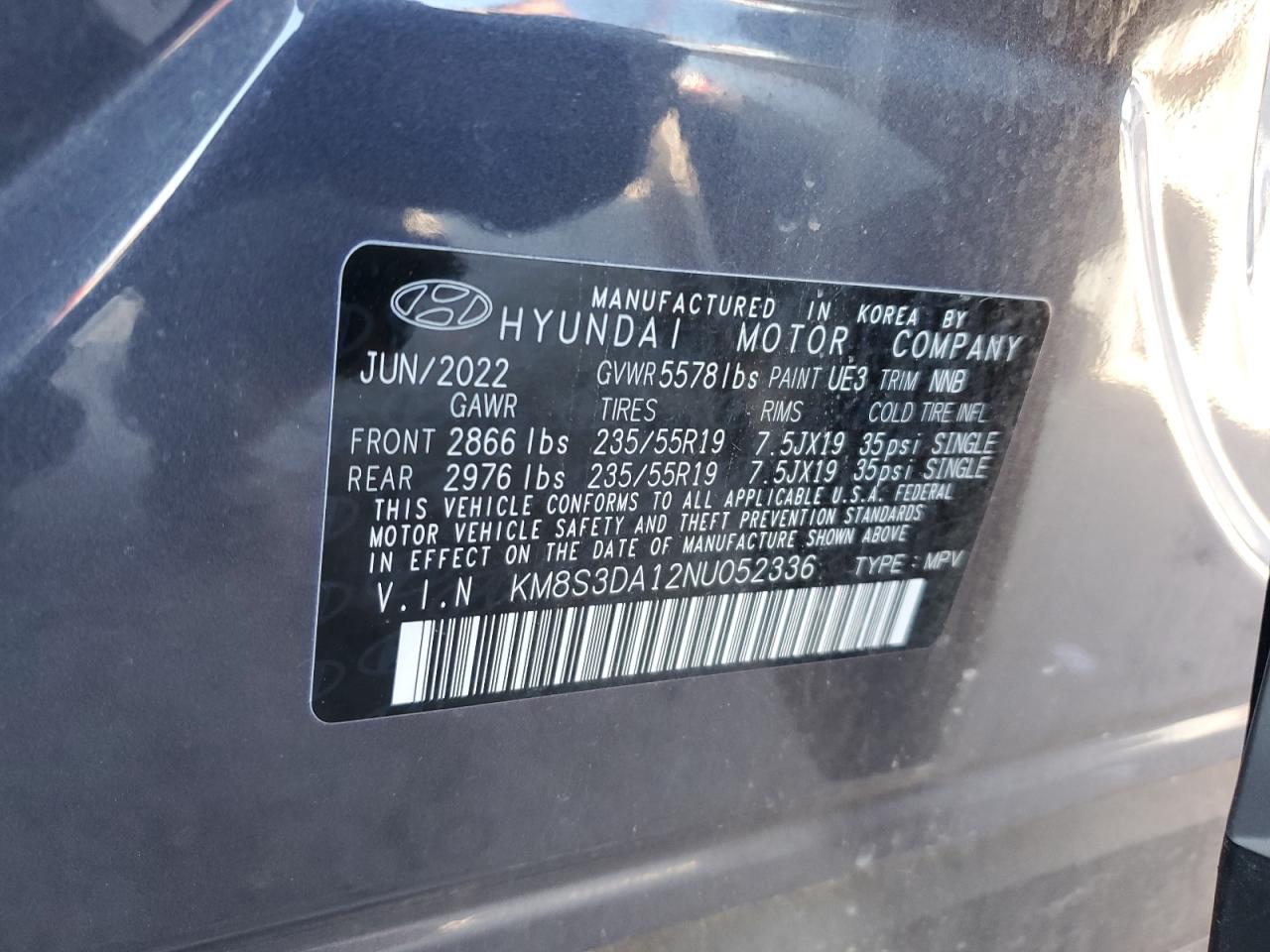 2022 HYUNDAI SANTA FE SEL PREMIUM VIN:KM8S3DA12NU052336