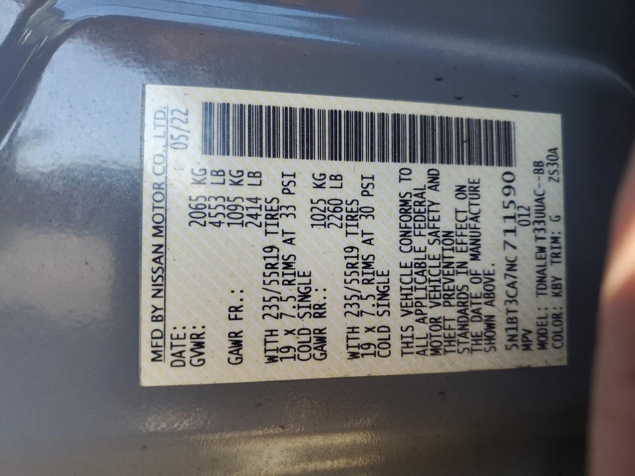 2022 NISSAN ROGUE SL VIN:5N1BT3CA7NC711590