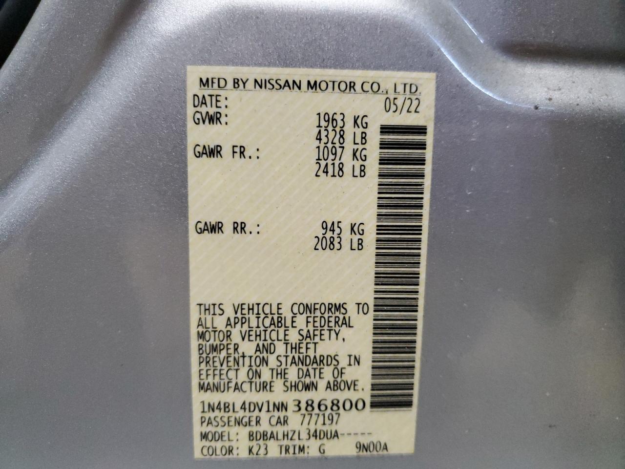 2022 NISSAN ALTIMA SV VIN:1N4BL4DV1NN386800
