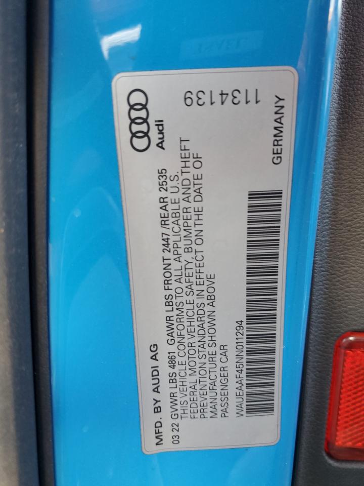 2022 AUDI A4 PREMIUM PLUS 45 VIN:WAUEAAF45NN011294