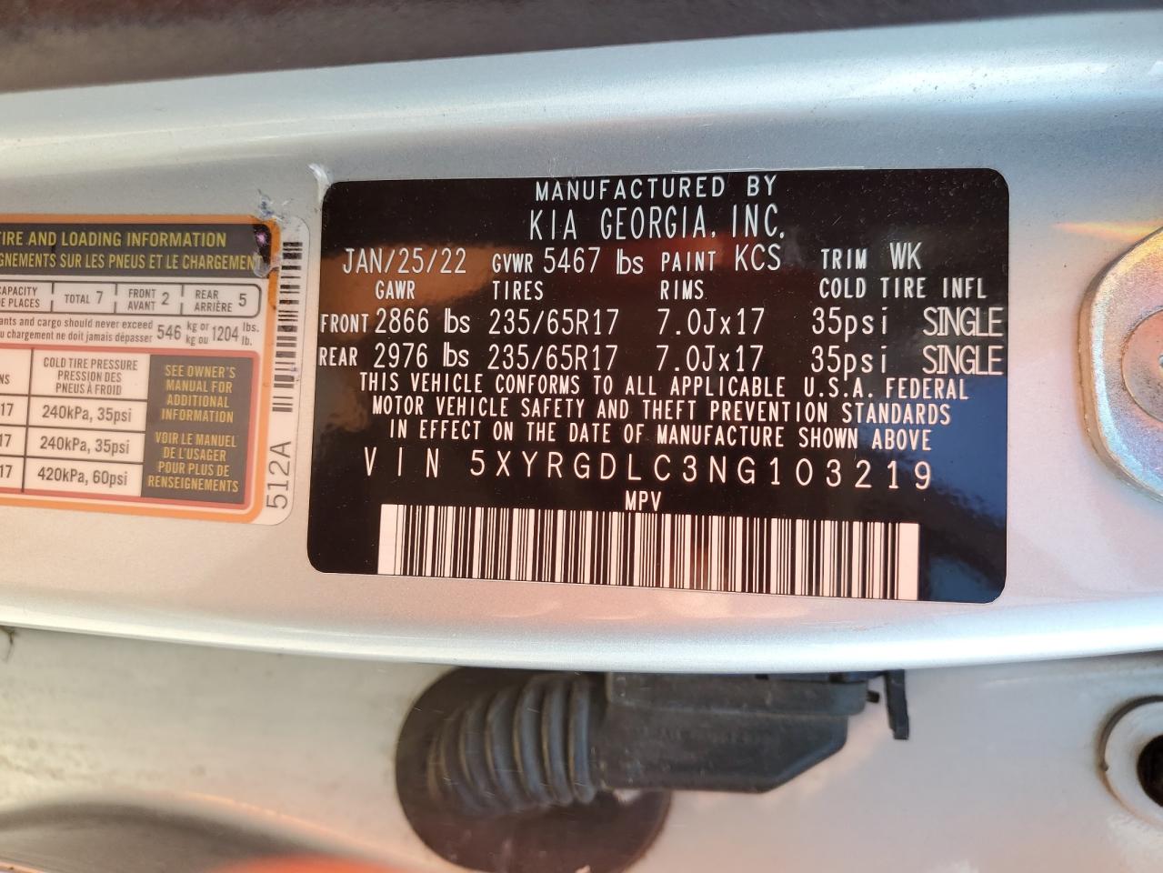 2022 KIA SORENTO LX VIN:5XYRGDLC3NG103219