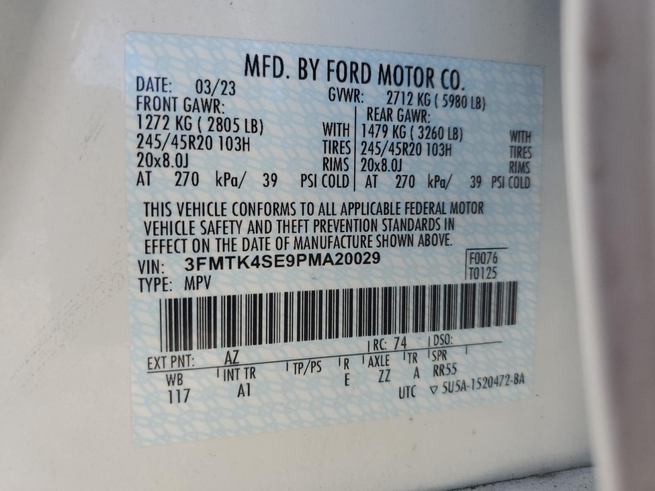 2023 FORD MUSTANG MACH-E GT VIN:3FMTK4SE9PMA20029