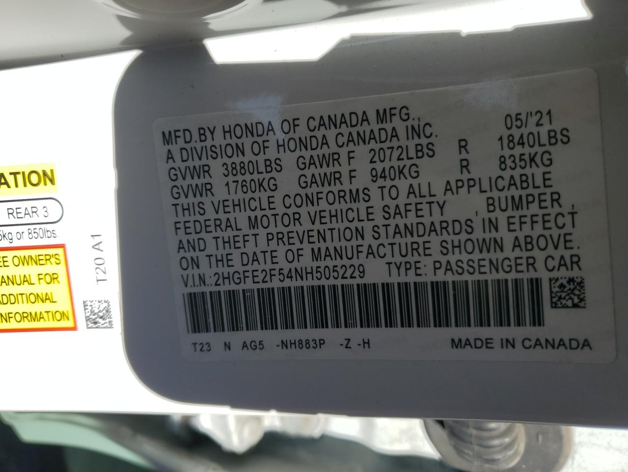 2022 HONDA CIVIC SPORT VIN:2HGFE2F54NH505229