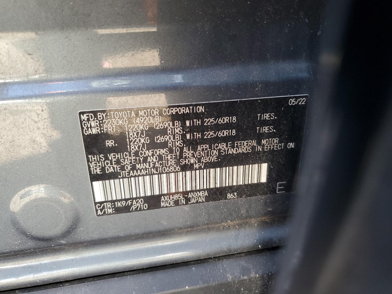 2022 TOYOTA VENZA LE VIN:JTEAAAAH1NJ106806