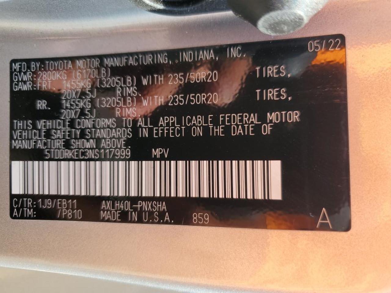 2022 TOYOTA SIENNA XSE VIN:5TDDRKEC3NS117999