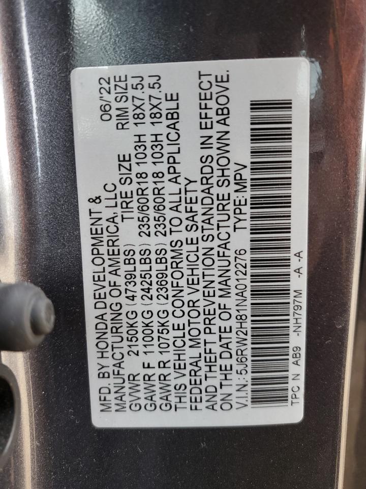 2022 HONDA CR-V EXL VIN:5J6RW2H81NA012276