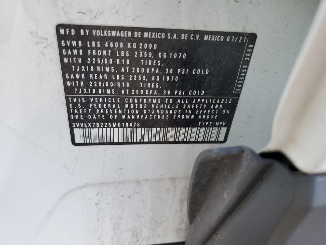 2022 VOLKSWAGEN TAOS SE IQ DRIVE VIN:3VVLX7B22NM019476