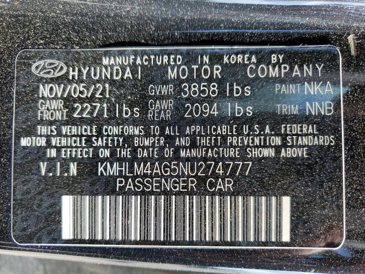 2022 HYUNDAI ELANTRA SEL VIN:KMHLM4AG5NU274777