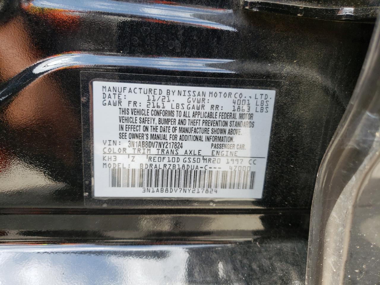 2022 NISSAN SENTRA SR VIN:3N1AB8DV7NY217824