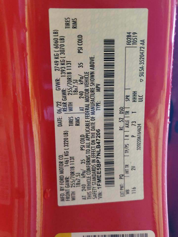 2022 FORD BRONCO BASE VIN:1FMEE5BP7NLB47206