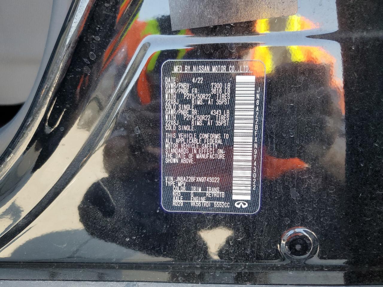 2022 INFINITI QX80 SENSORY VIN:JN8AZ2BFXN9743022