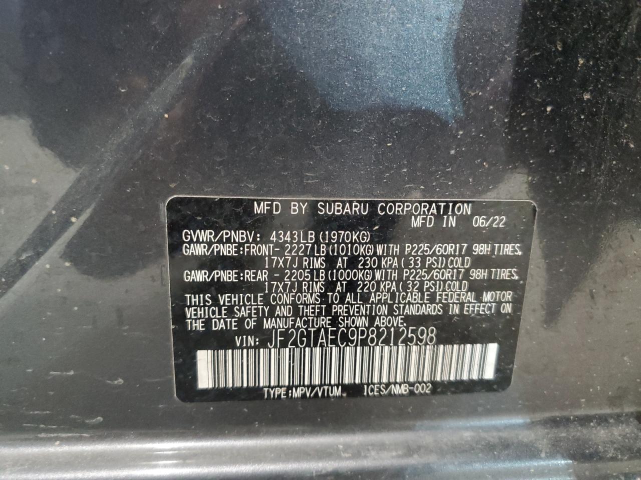 2023 SUBARU CROSSTREK PREMIUM VIN:JF2GTAEC9P8212598