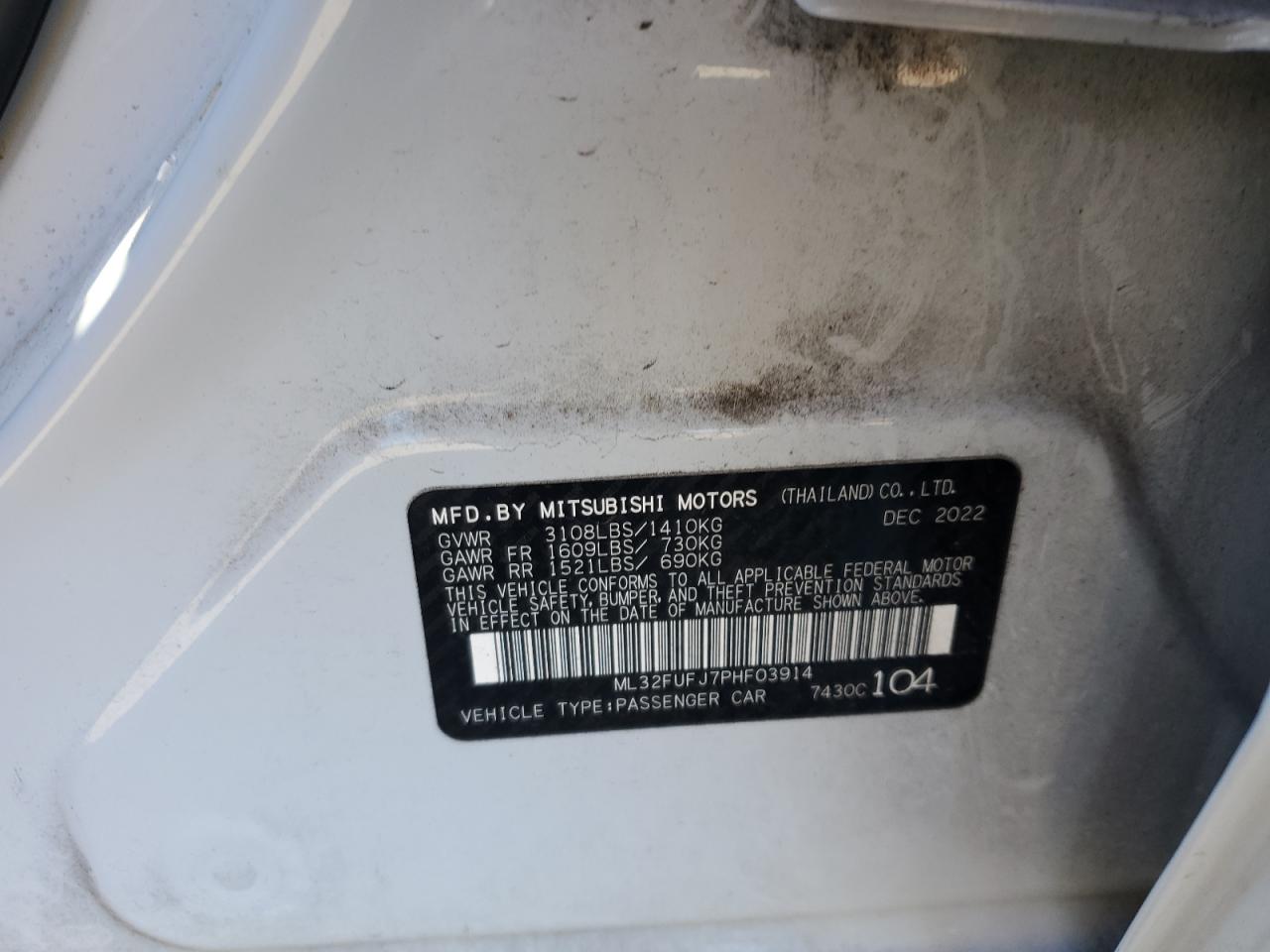 2023 MITSUBISHI MIRAGE G4 ES VIN:ML32FUFJ7PHF03914